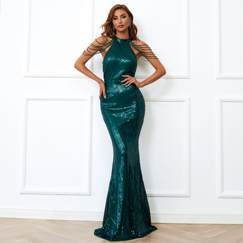 Green Halter Neck Sequin Mermaid Prom Dress