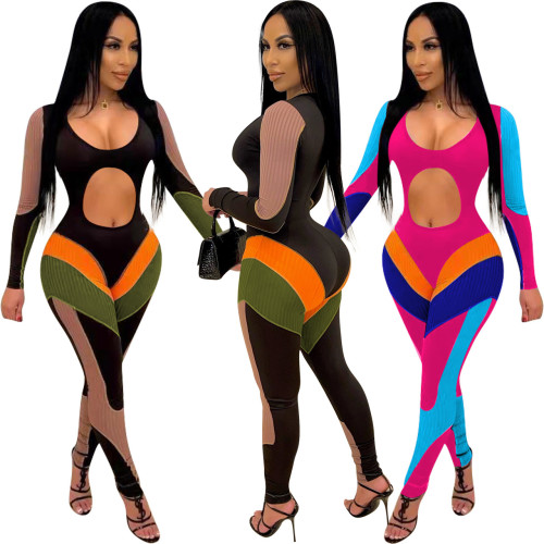 color block one piece hollow out ribbed jumpsuirt