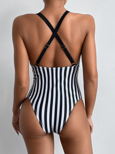 Striped Criss Cross Belted One Piece Swimsuit