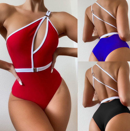 Solid Color One-Piece Swimsuit Sexy Belt Swimsuit