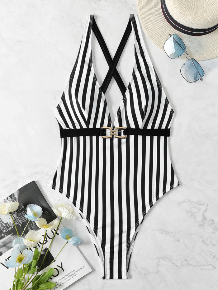 Striped Criss Cross Belted One Piece Swimsuit