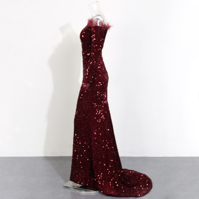 Wine Red Sexy One Shoulder Feather Long Sleeve Party Sequin Evening Dress