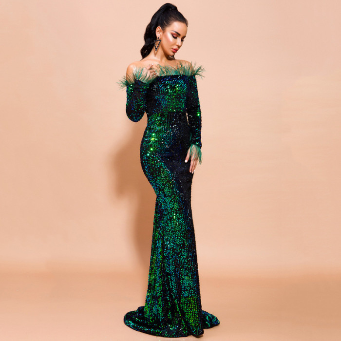 Green Sexy One Shoulder Feather Long Sleeve Party Sequin Evening Dress