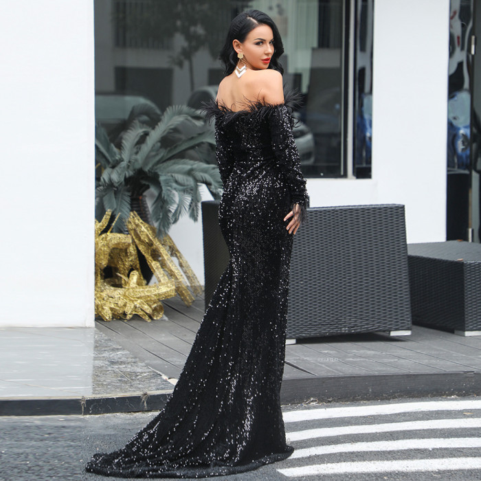 Black Sexy One Shoulder Feather Long Sleeve Party Sequin Evening Dress