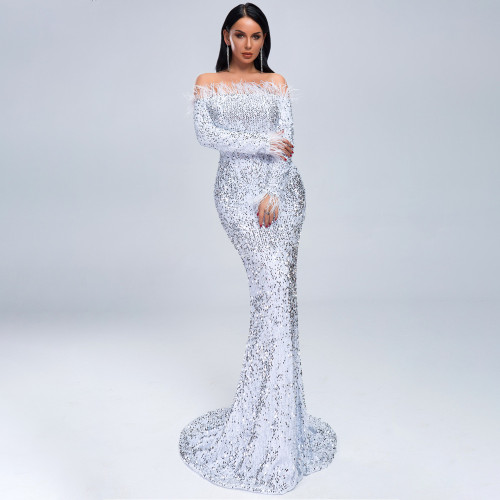 White Sexy One Shoulder Feather Long Sleeve Party Sequin Evening Dress