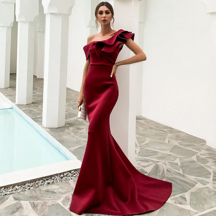 Wine Red Color Tail Fishtail Evening Dress