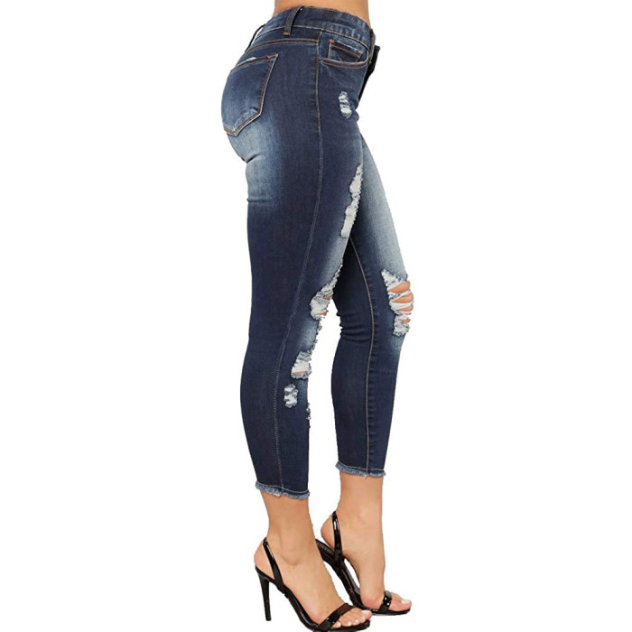 High Waist Washed Hole Tight Elastic Jeans