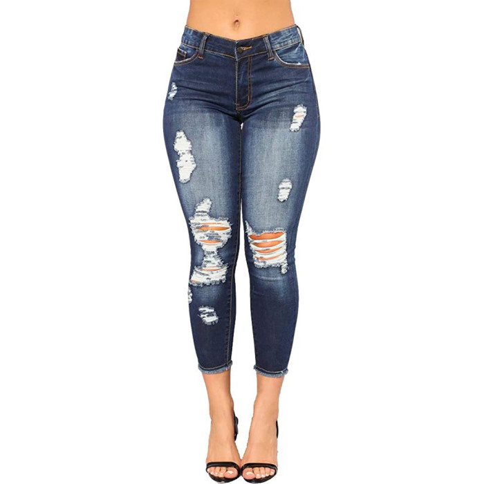 High Waist Washed Hole Tight Elastic Jeans