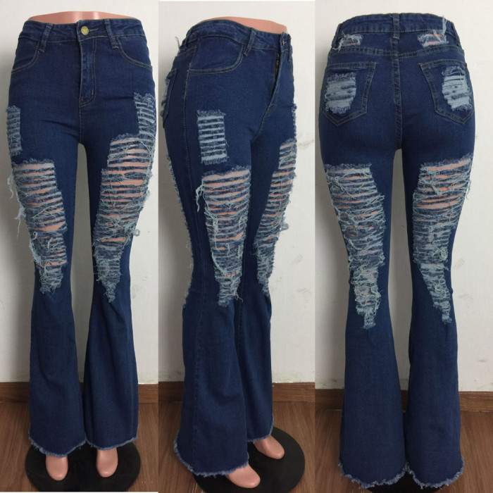 High Waist Washed Button Ripped Flare Jeans