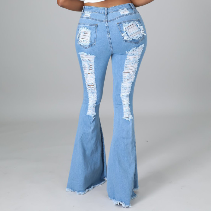 High Waist Washed Button Ripped Flare Jeans