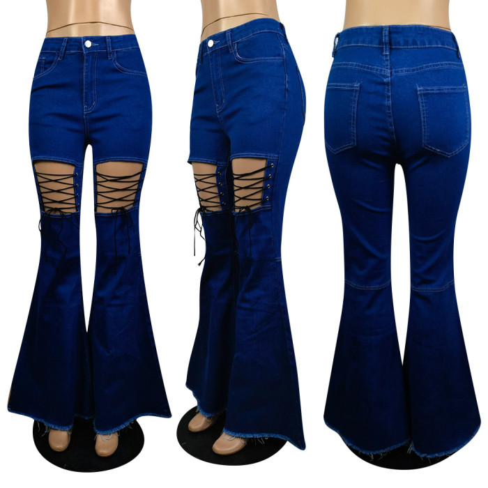 High Waist Lace-Up Flare Jeans