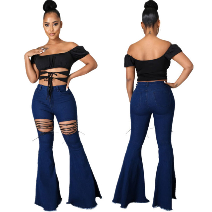 High Waist Lace-Up Flare Jeans