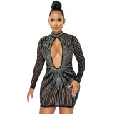 Mesh Perspective Long Sleeve Hollow Out Rhinestone Dress