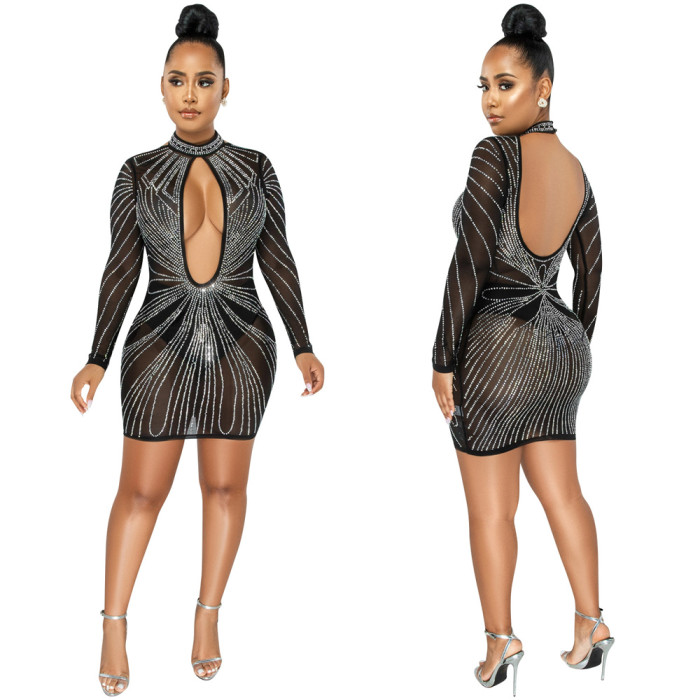 Mesh Perspective Long Sleeve Hollow Out Rhinestone Dress