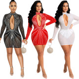 Mesh Perspective Long Sleeve Hollow Out Rhinestone Dress