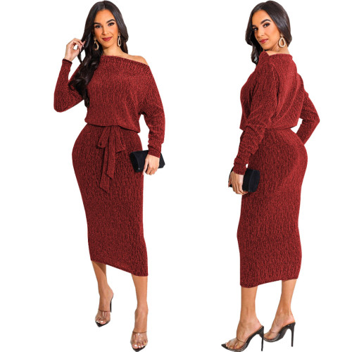 Knit Off Shoulder Top and Midi Skirt 2 Piece Set