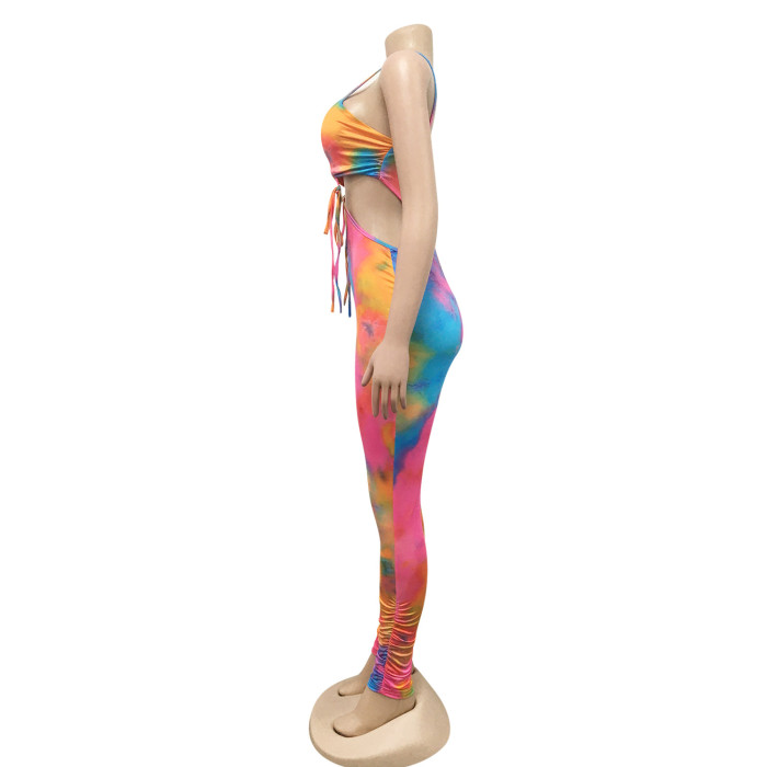 tie dye hollow out one piece stack jumpsuit