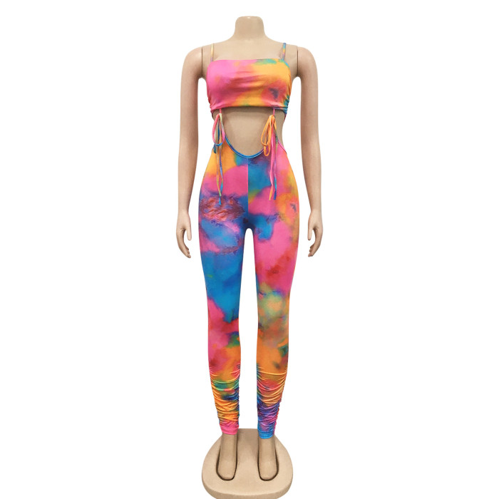 tie dye hollow out one piece stack jumpsuit