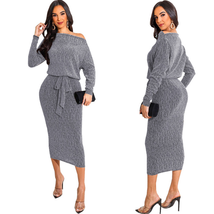 Knit Off Shoulder Top and Midi Skirt 2 Piece Set