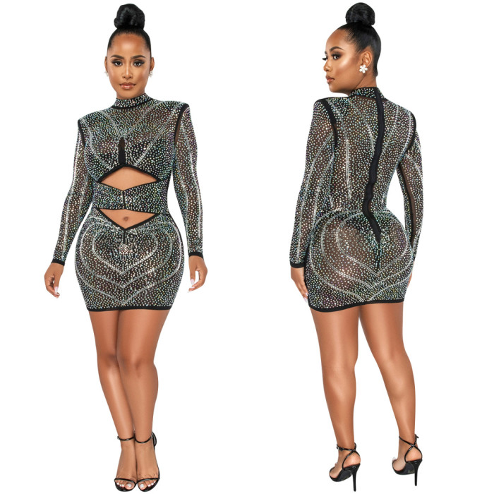Hot Dralling Hollow Out Sexy Rhinestone Short Dress