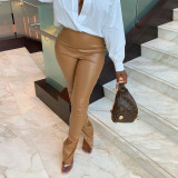 Winter Sexy Green Leather High Waist Slit Bottom Trousers