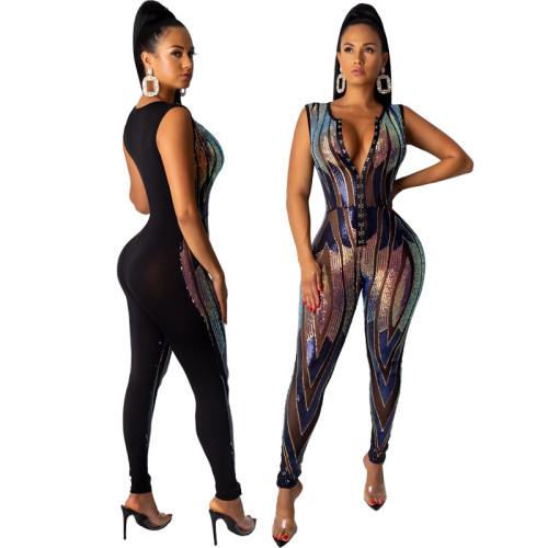 Deep V Neck Sequin Mesh Sexy Bodycon Jumpsuit