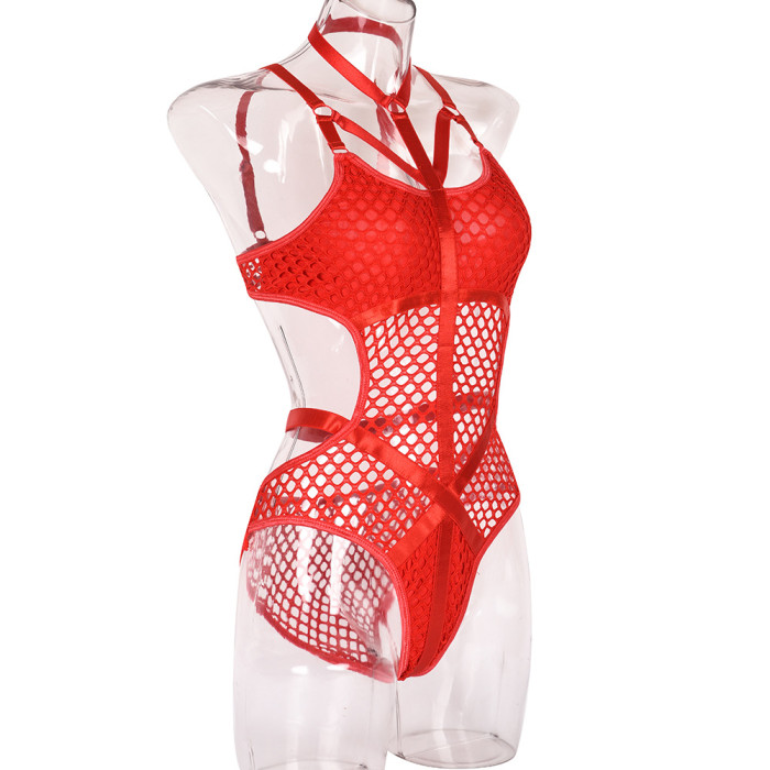 Women Strappy Hollow Out Fishnet Bodysuit