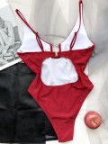 Solid V Neck One Piece Swimwear Beachwear