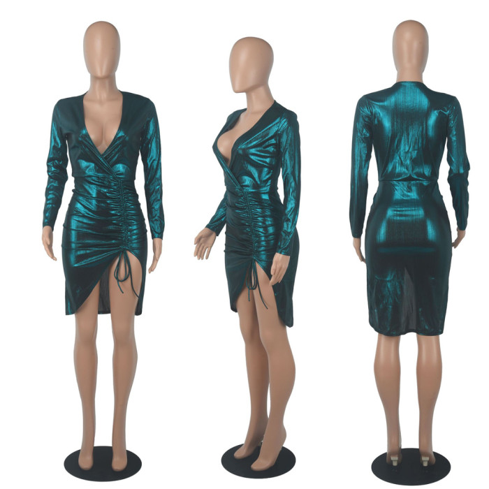 Irregular Long Sleeve Drawstring Midi Dresses
