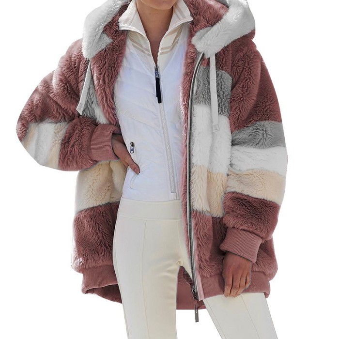 Faxu Fur Hoodies Jackt Thick Flannel Sriped Coat 