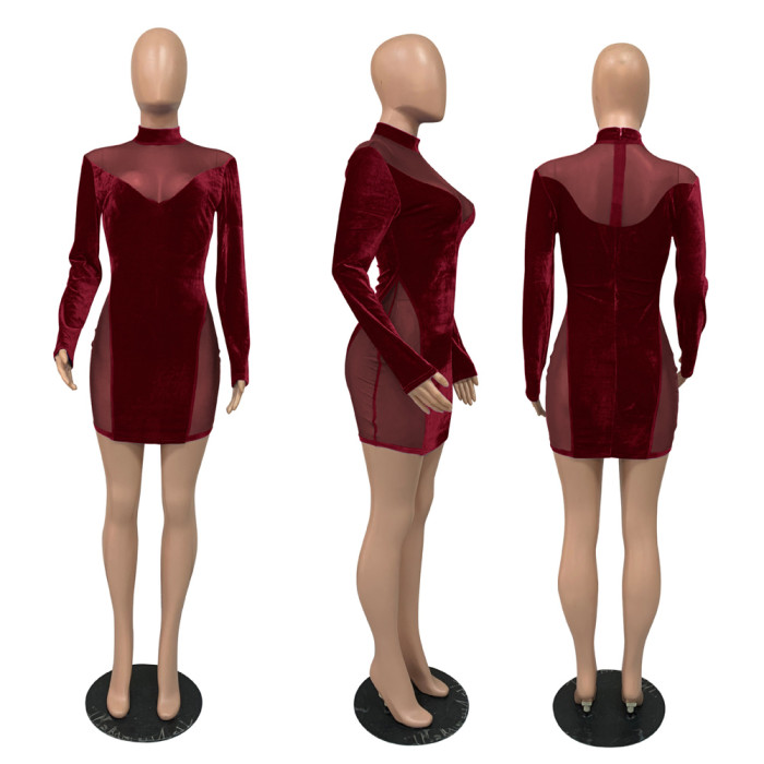 Velvet Patchwork Mesh Sexy Party Cocktail Dress