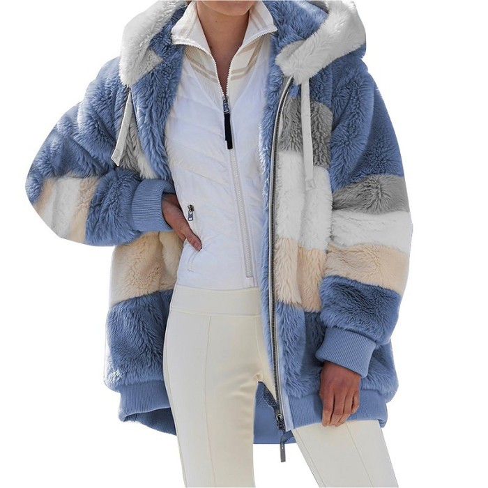 Faxu Fur Hoodies Jackt Thick Flannel Sriped Coat 