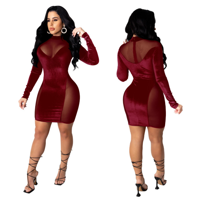 Velvet Patchwork Mesh Sexy Party Cocktail Dress