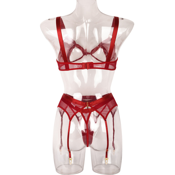 Lace Hollow Out 3 Pieces Set Wireless Lace Erotic Lingerie