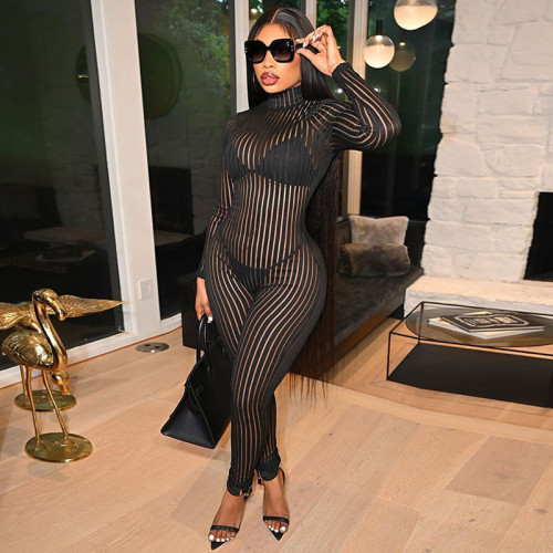 Black Striped See Through Sexy Jumpsuit 