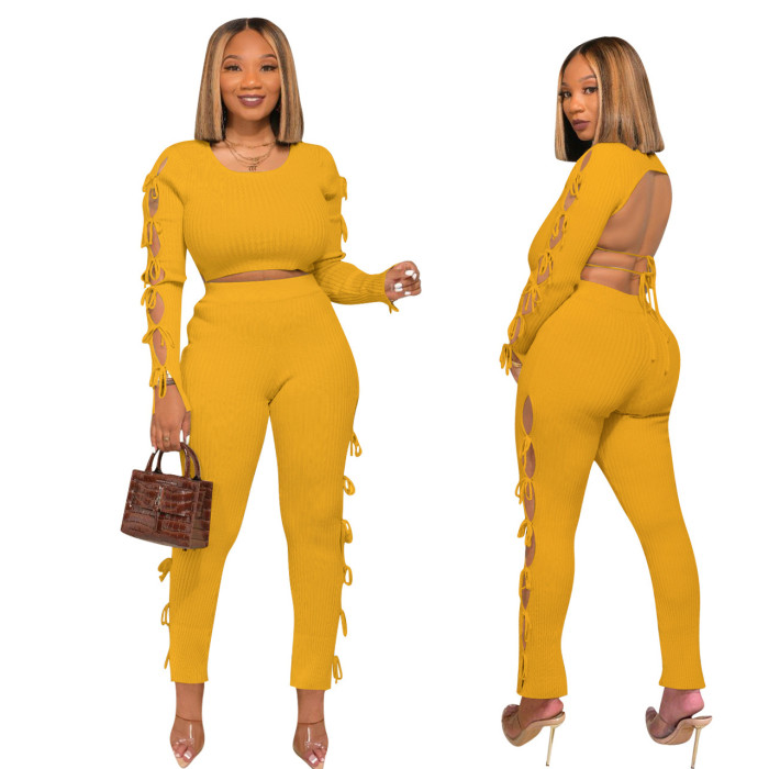 Ribbed Backless Crop Top Hollow Out Pant Set 