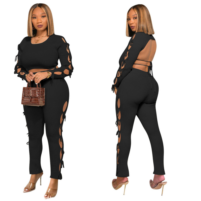 Ribbed Backless Crop Top Hollow Out Pant Set 