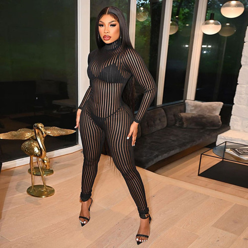 Black Striped See Through Sexy Jumpsuit 