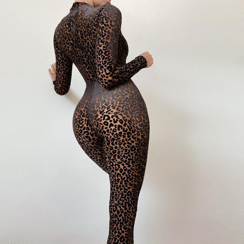 Leopard Print Mesh Sexy Long Jumpsuit