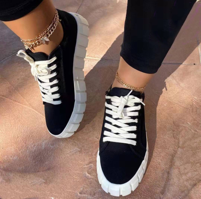 Black and White Lace-up Front Low Top Canvas Shoes