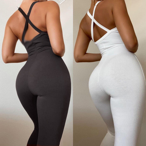 Open Back Sleevless Ribbed Bodycon Jumpsuit 