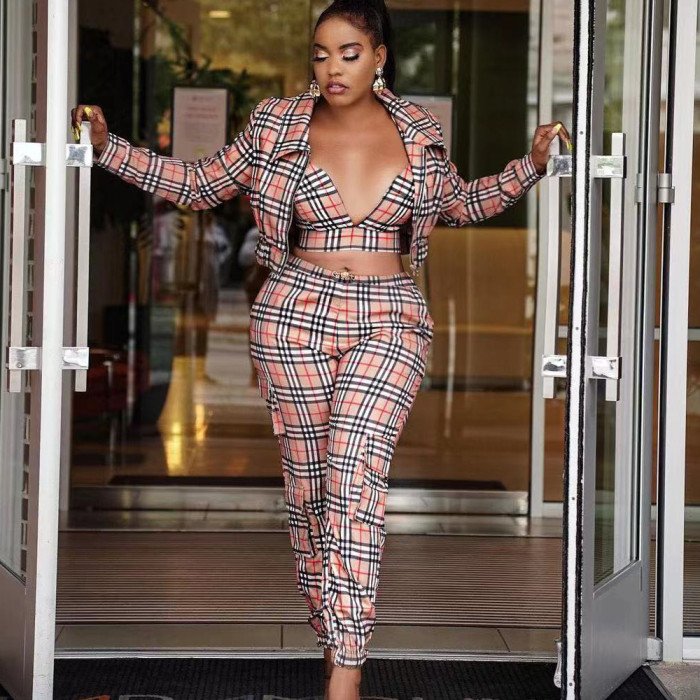 Fashion Plaid Bra Jacket And Pant Set 