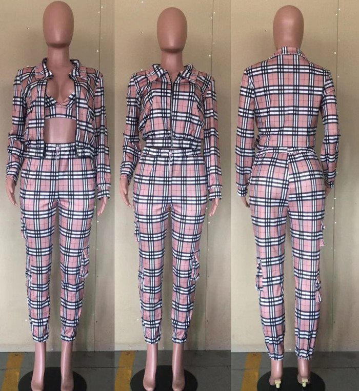 Fashion Plaid Bra Jacket And Pant Set 