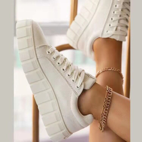 White Lace-up Front Low Top Canvas Shoes