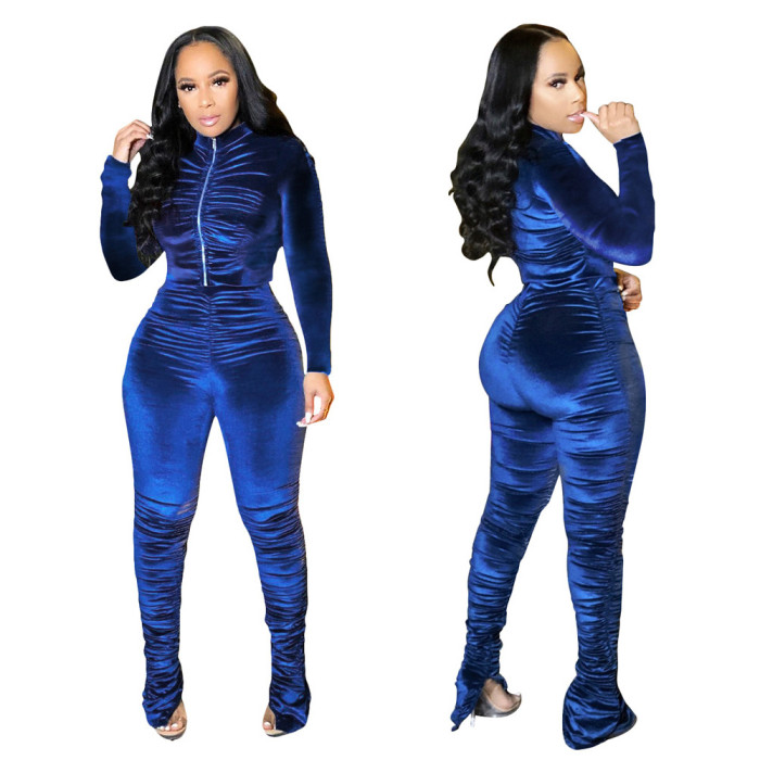 Velvet Ruched Zip Long Sleeve Top and High Waist Pants Set