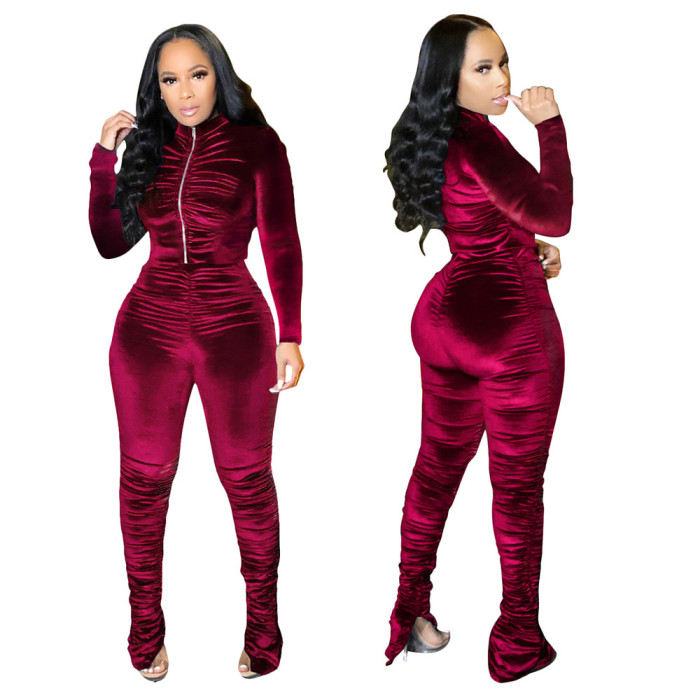 Velvet Ruched Zip Long Sleeve Top and High Waist Pants Set