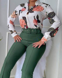 Women Spring Commuting Suit Printed Stand-up Collar Long-sleeved Blouse and Wide-leg Pants Two-piece Set