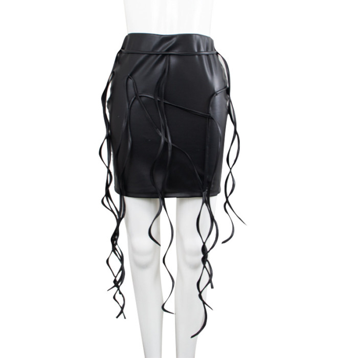 Faxu Pu Leather String Bandge Mini Skirt