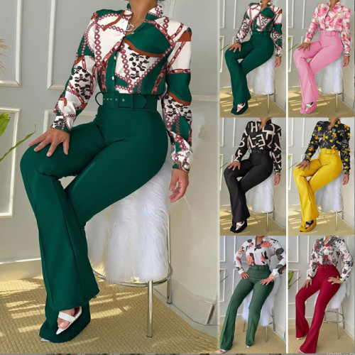 Women Spring Commuting Suit Printed Stand-up Collar Long-sleeved Blouse and Wide-leg Pants Two-piece Set