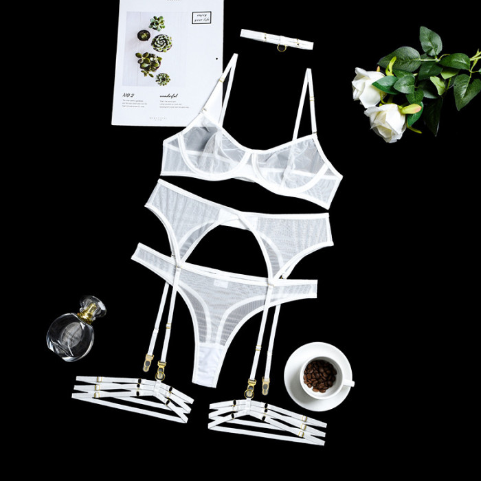 4 Piece Lace Bra Briefs Set Women Unlined Bra Underwire